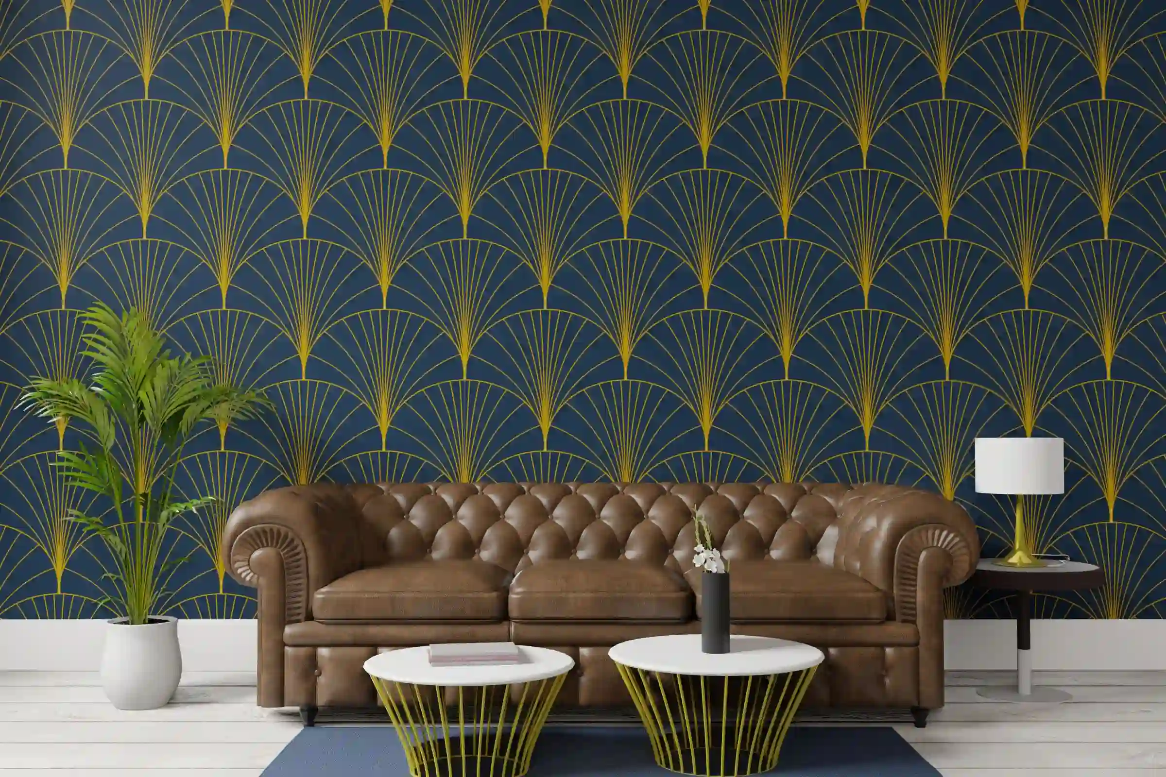 A lounge-style interior with a repeated geometric wallcovering