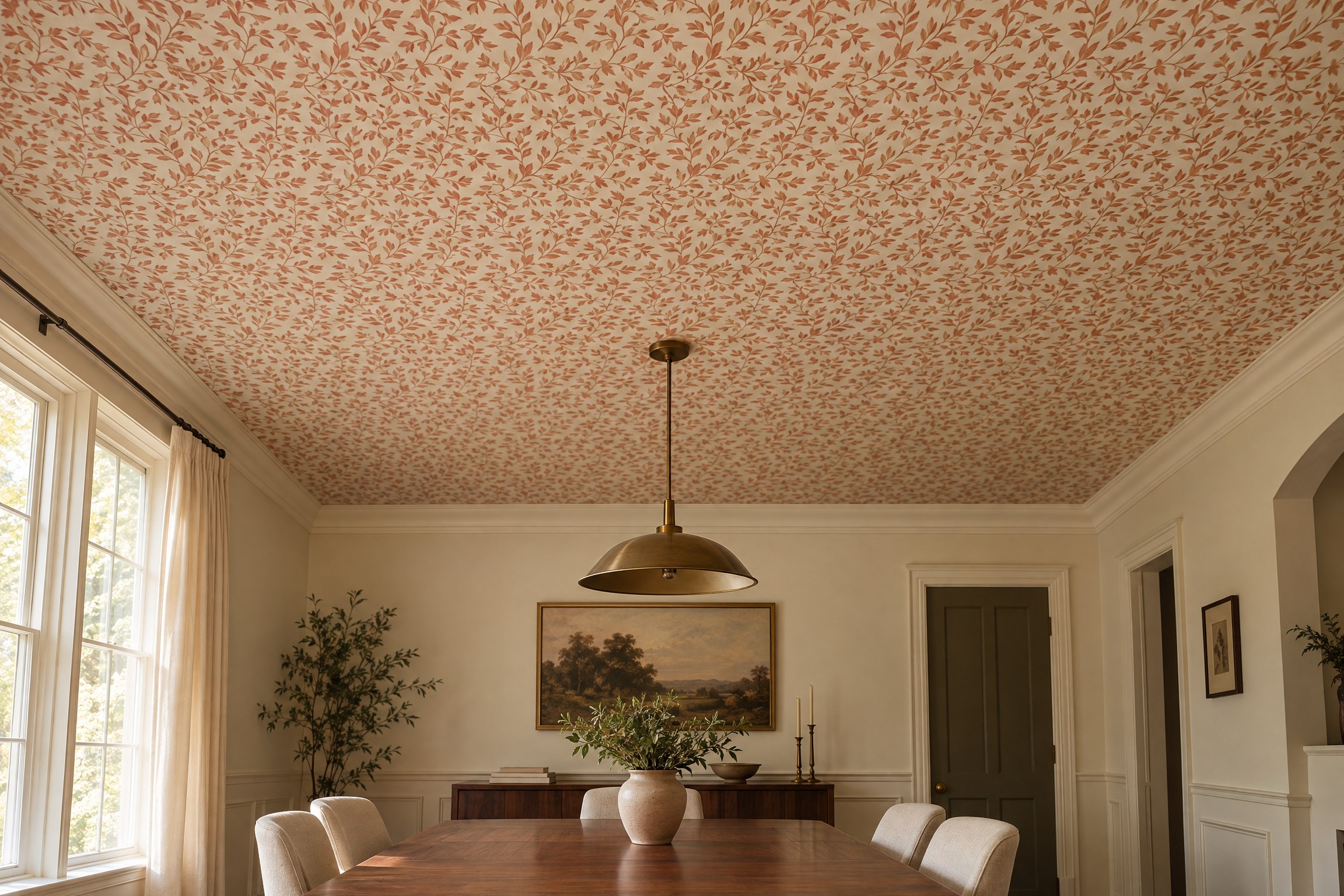Dining room with botanical wallpaper precisely fitted across the ceiling and trimmed at the cornice
