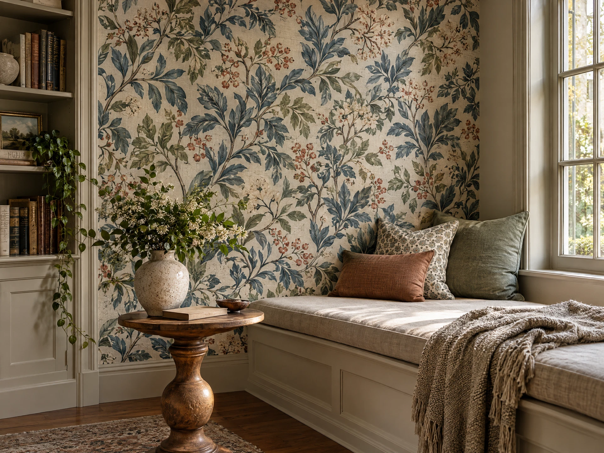 An intimate reading nook with patterned botanical wallpaper