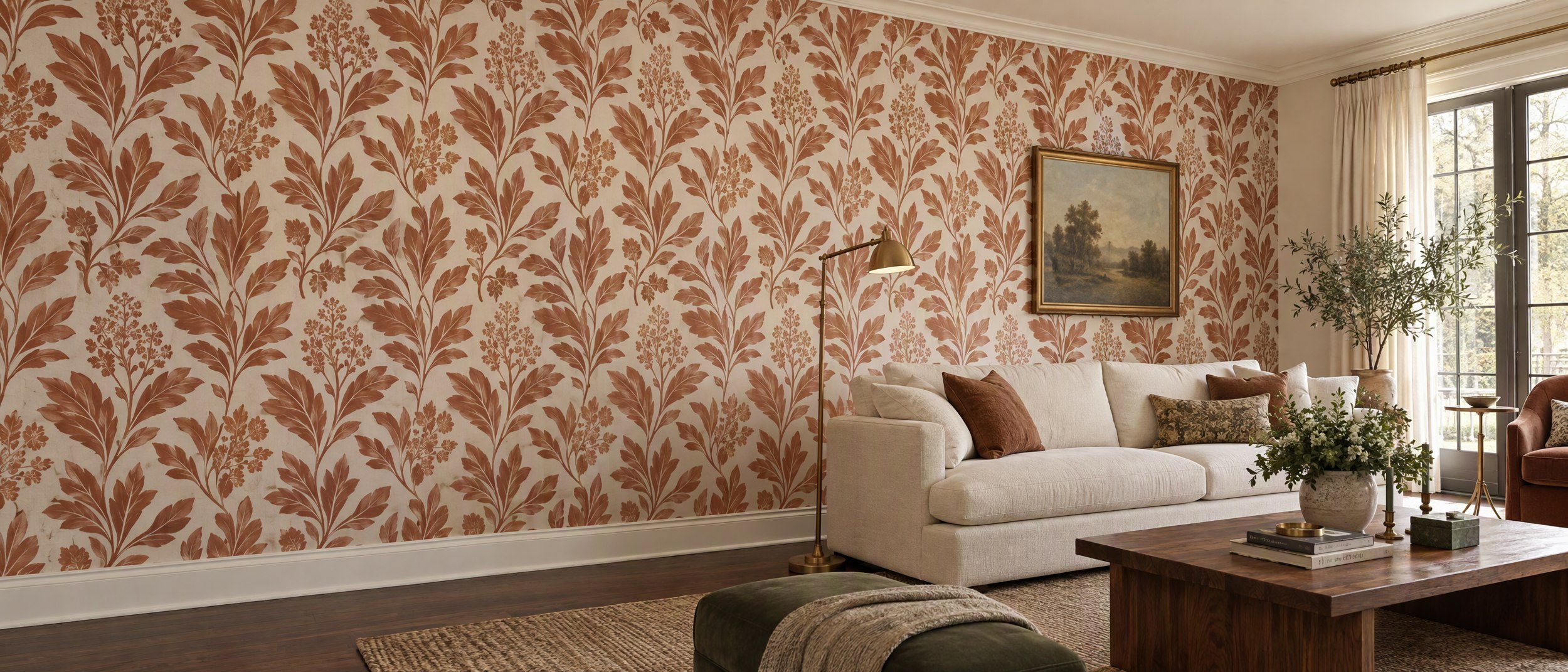 Finished living room with precisely repeated terracotta botanical wallpaper, an ivory sofa and warm wood furnishings